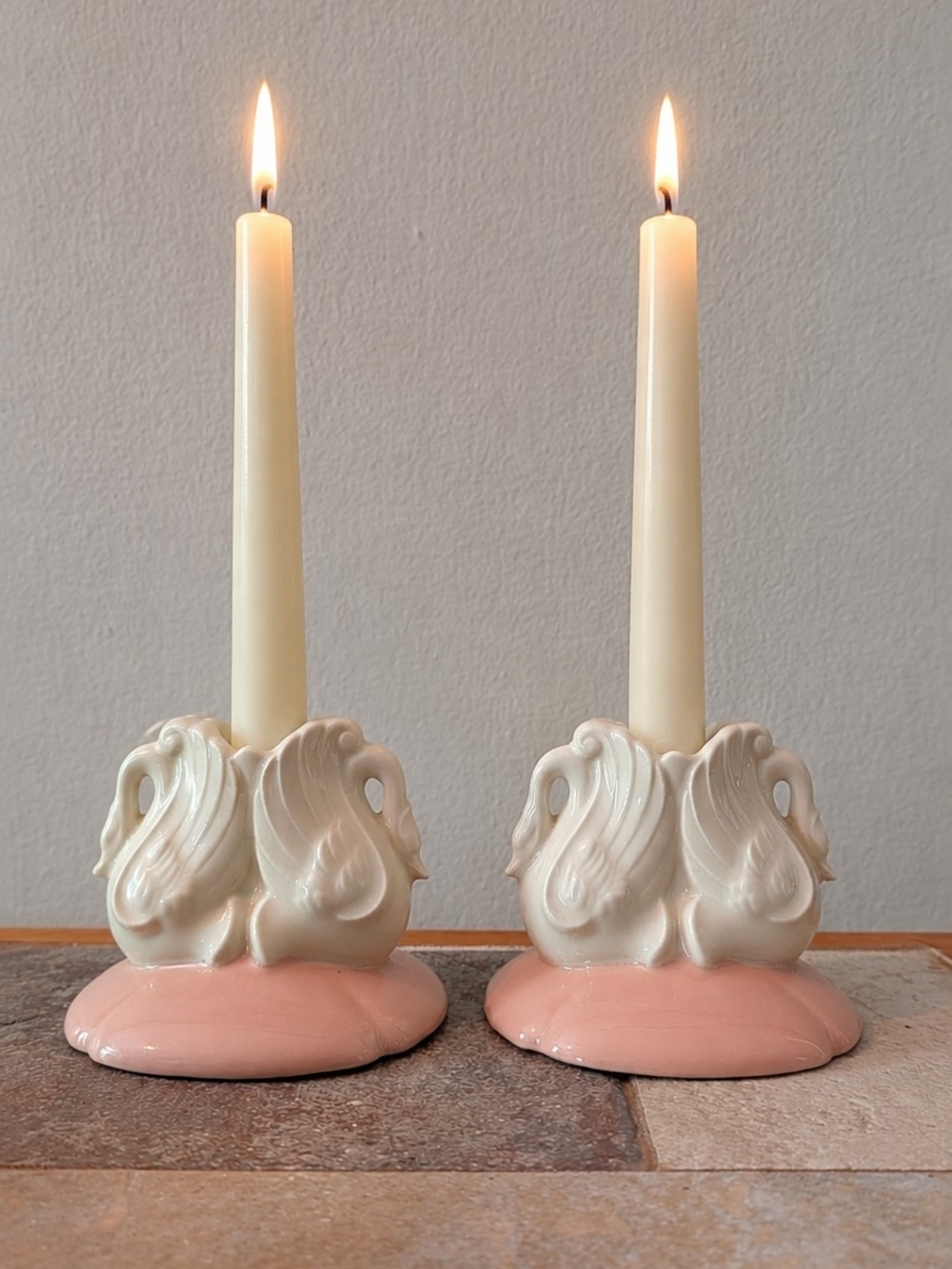 Vintage Porcelain Dramatic Figural Swan Taper Candle Holders Mantel Piece Decor